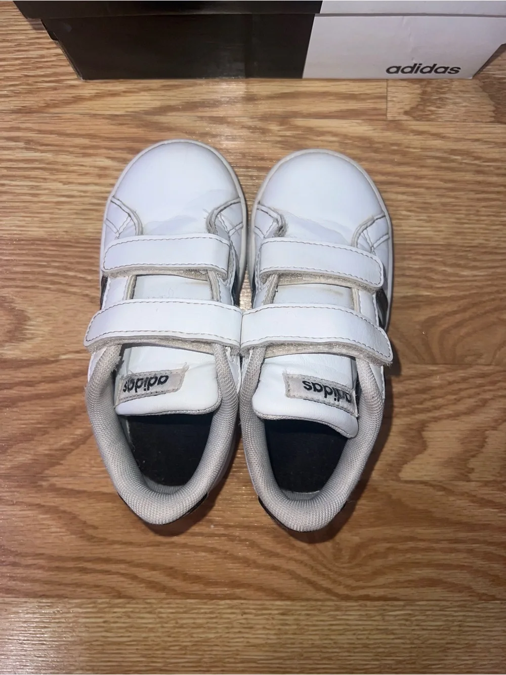 Adidas Kids White Sneakers with Black Stripes
